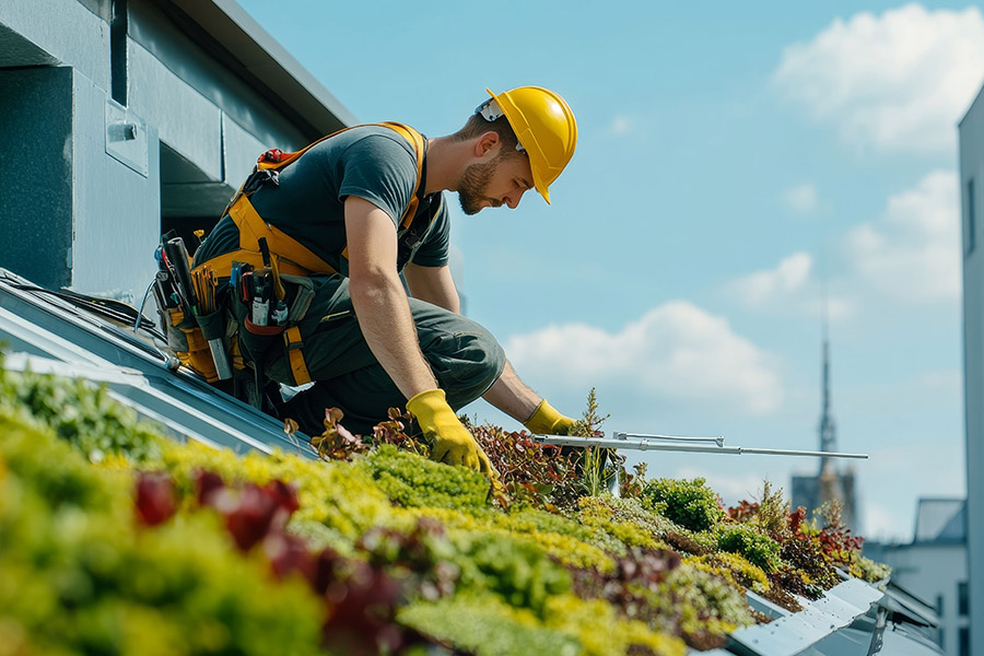 Worker installs plants on a green roof.