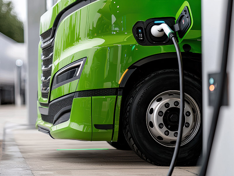 Close up of green electric truck charging at station