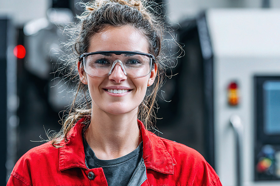 Smiling Female Engineer in Protective Gear at Mechanical Worksho