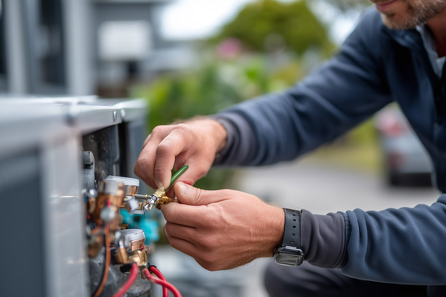 Hands working on air source heating unit, engineer installing pu