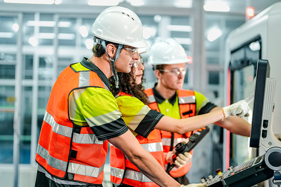 A team of engineers uses an AI-driven smart factory for advanced