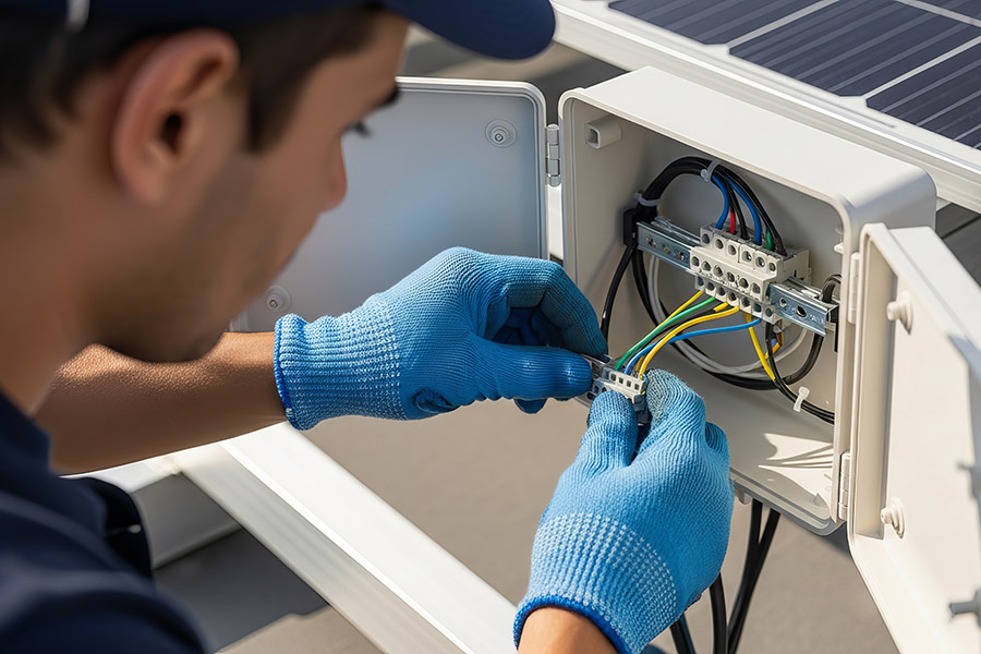 Electrician installing solar panel wiring connection in a juncti