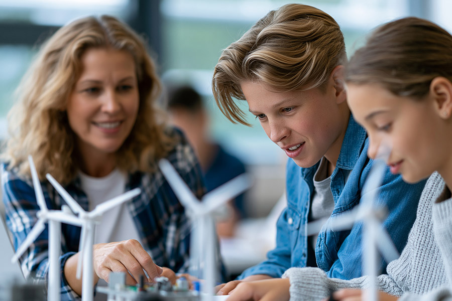 STEM renewable energy class with teacher selecting student for e
