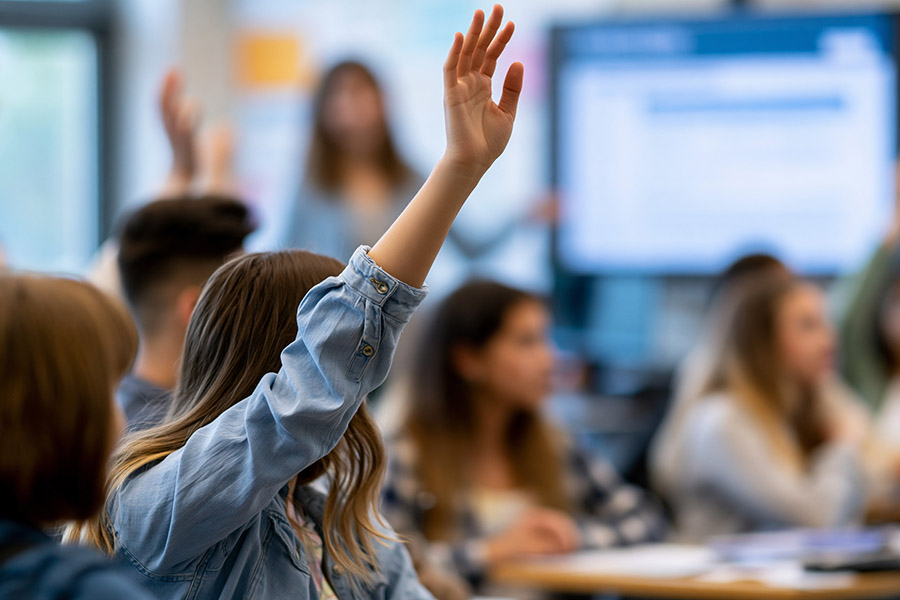 Environmental science lesson with students raising hands for ren